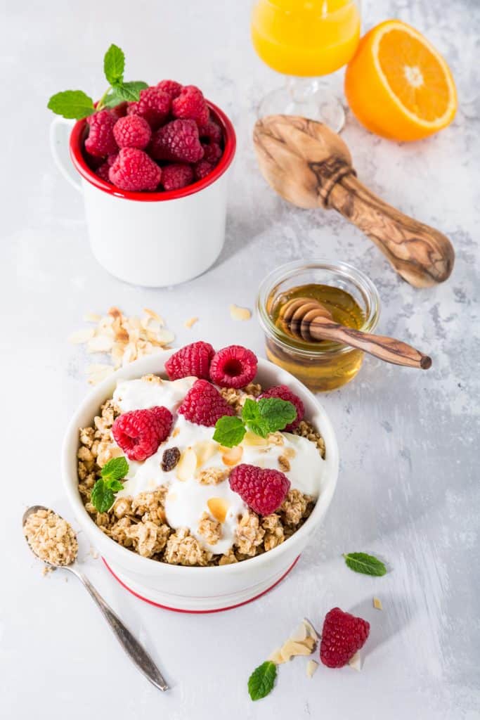 Healthy breakfast with granola and berries